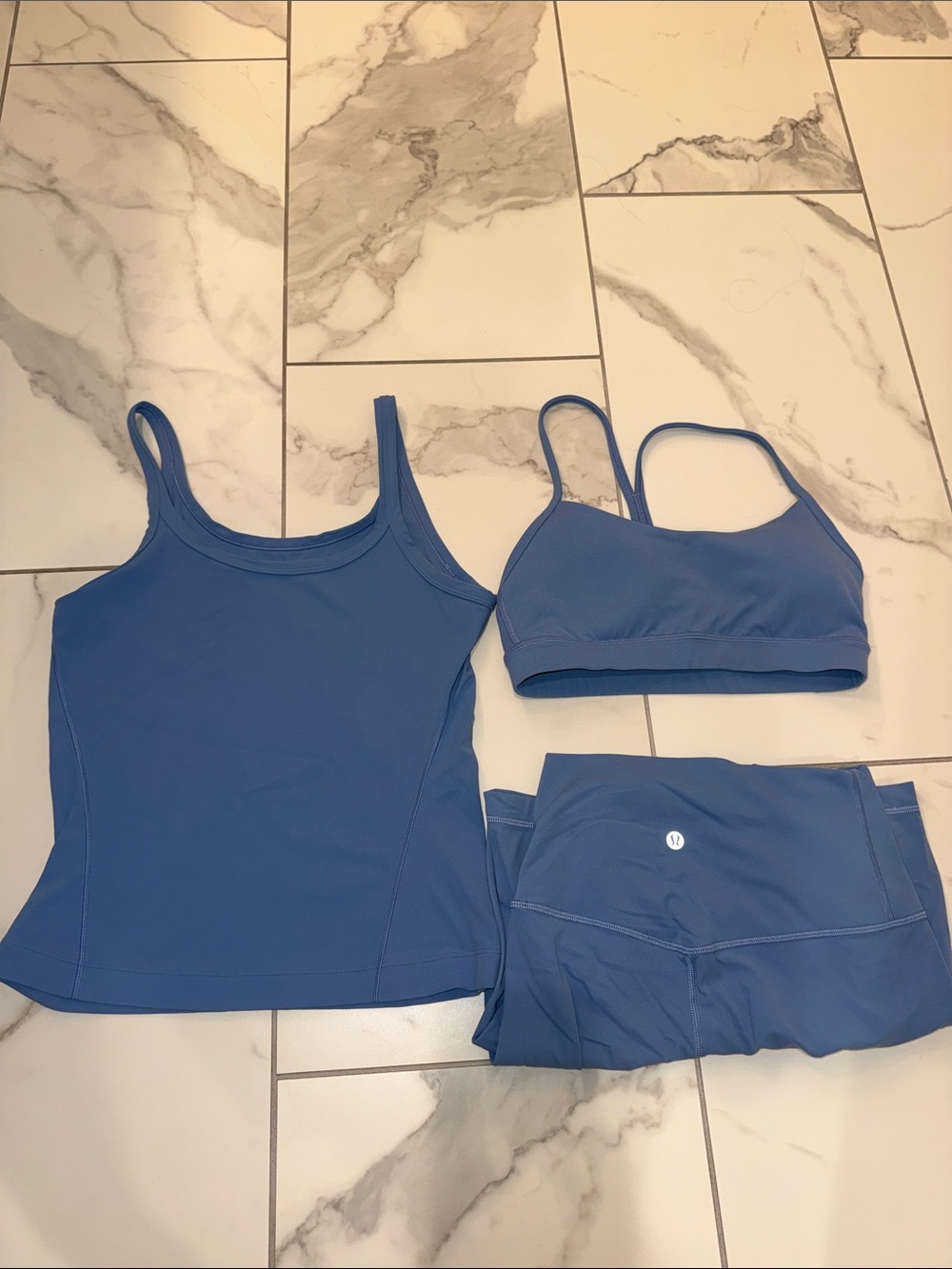 lululemon athletica Powder Blue Tank, Strappy Sports Bra & Cropped Leggings Set